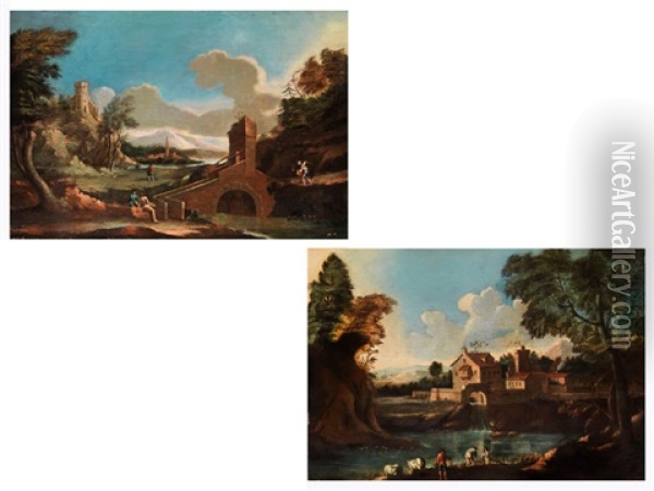 Landschaft Mit Bogenbrucke Und Burg (+ Landschaft Mit Ummauerter Gebaudegruppe Hinter Einem Flusslauf; Pair) Oil Painting - Marco Ricci
