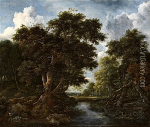 Wooded Landscape With Hunters And A River Oil Painting - Jacob Van Ruisdael