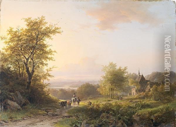 Landscape With Figures On A Country Path, Achurch Beyond Oil Painting - Johann Bernard Klombeck