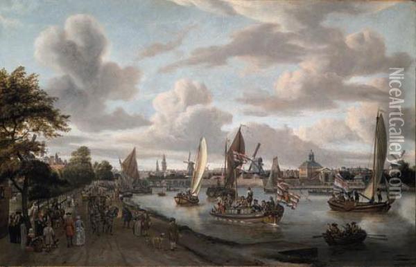 A View Of Amsterdam With A 
Trekschuit And Smalschepen On The Riverbuiten-amstel Near The Hooge 
Sluis, With Elegant Figures, Carriagesand Townsfolk Promenading Along 
The Bank, The Towers Of Thezuiderkerk And The Oude Kerk, The Windmills 
Groen, De B Oil Painting - Abraham Storck