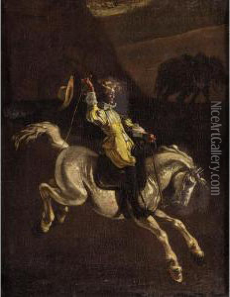 A Gentleman In Yellow Schooling A Horse Oil Painting - Michelangelo Cerqouzzi