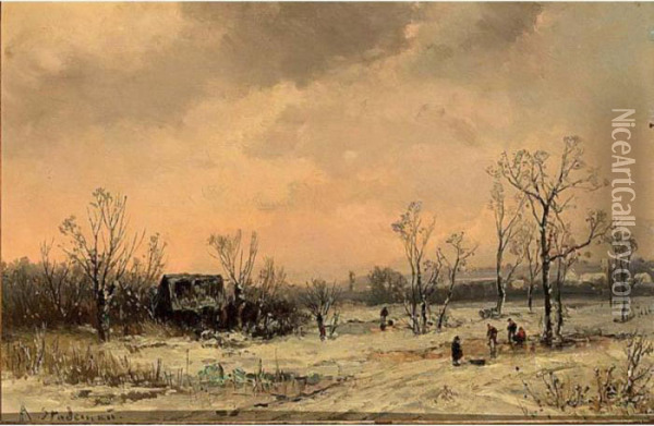Figures In A Winter Landscape Oil Painting - Adolf Stademann