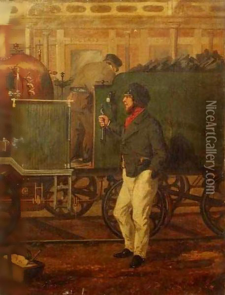 An Engine Driver by an Engine Oil Painting - Henry Thomas Alken