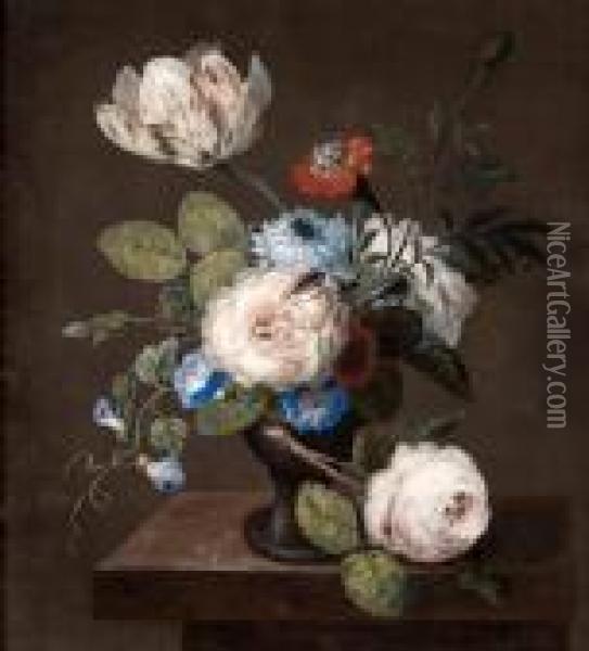 Blumenstillleben Mitrosen,tulpen,wicken Oil Painting - Johann Baptist Drechsler