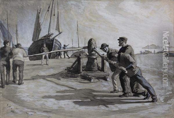 Fishermen Turning A Winch At Shorehamharbour Oil Painting - George Percy Jacomb-Hood