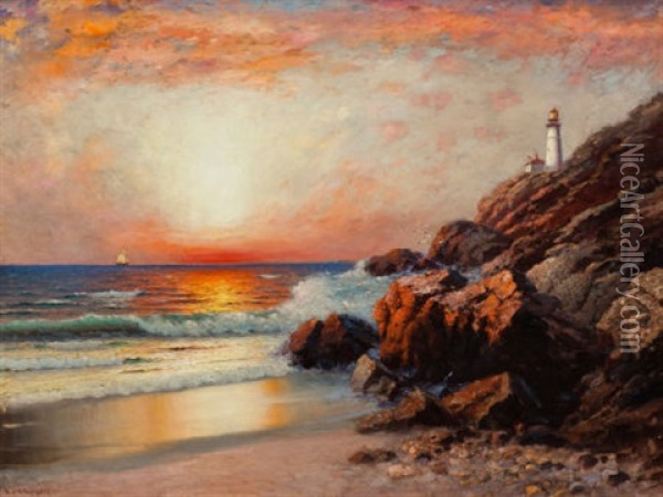 Sunset Lighthouse Oil Painting - Richard Dey de Ribcowsky