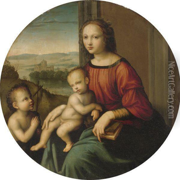 Madonna And Child With The Infant Saint John The Baptist Oil Painting - Master Of The Scandicci Lamentation