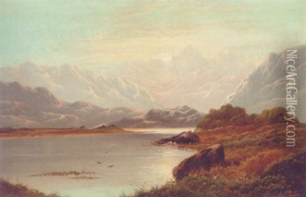 A Highland Lake Landscape At Sunset Oil Painting - Charles Leslie