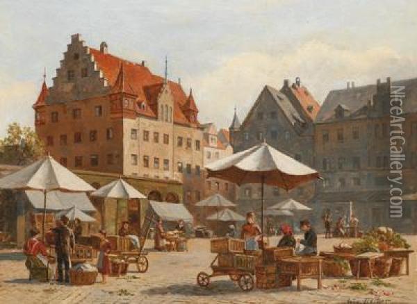 Markt In Nurnberg Oil Painting - August Fischer