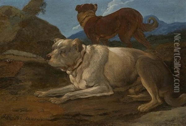 Two Dogs In A Rocky Landscape Oil Painting - Johann Melchior Roos