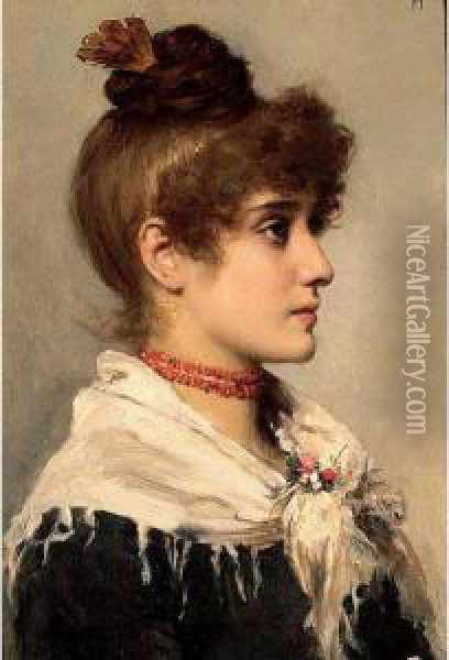 An Italian Beauty With A Red Necklace; A Young Beauty With A Blue Necklace Oil Painting - Cecil van Haanen