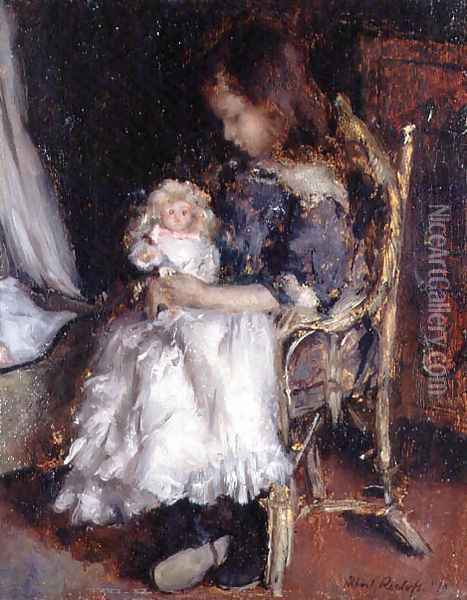 Girl Holding her Doll Oil Painting - Albert Roelofs
