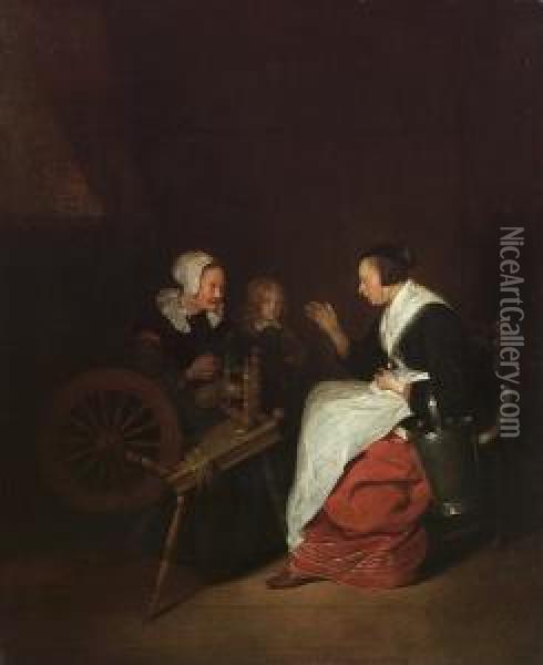 A Cottage Interior With A Woman At A Spinning Wheel With A Young Boy And A Maid Oil Painting - Quiringh Gerritsz. van Brekelenkam