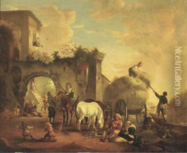 A Village Scene With A Hay Cart Oil Painting - Pieter Wouwermans or Wouwerman