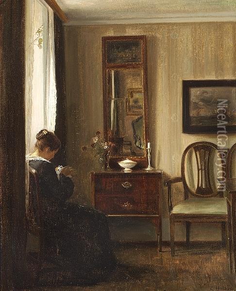 An Interior With The Artist's Wife At Her Needlework Oil Painting - Carl Vilhelm Holsoe