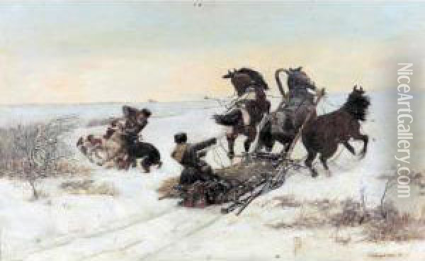 Sledge Attacked By Wolves Oil Painting - Bodhan Von Kleczynski