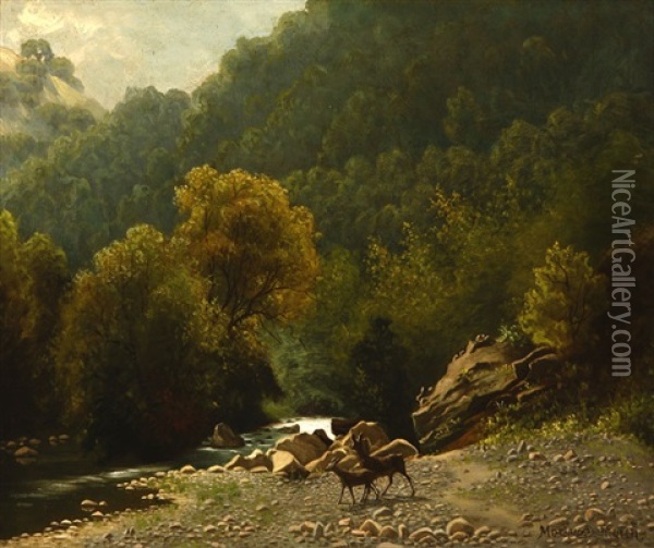 Deer Stream Oil Painting - Marius Dahlgren