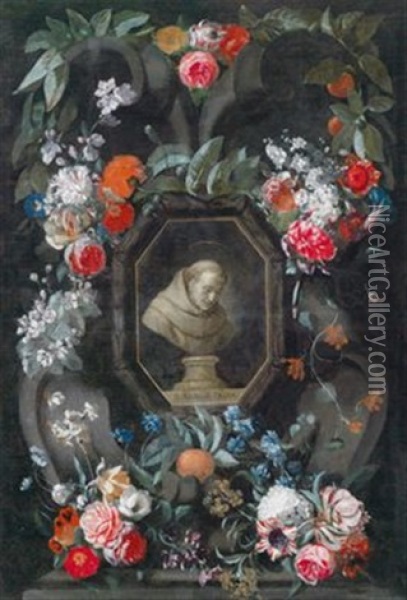 Ein Gemalde Mit Der Buste Des B. Nicasius Hezius Im Blumenkranz Oil Painting - Wouter Gysaerts