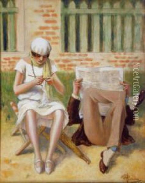 Femme A Son Tricot Et Homme A Son Journal. Oil Painting - Albert Guillaume