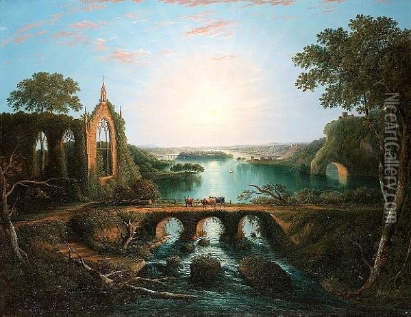 An Extensive River Landscape With Cattle On A Bridge Before A Church Ruin Oil Painting - Sebastian Pether