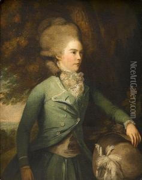 Portrait Of A Lady, Said To Be 
The Duchess Of Bedford, Standing Three-quarter-length, In A Green Coat 
And Skirt With A White Lace Chemise, Holding A Hat Oil Painting - Daniel Gardner