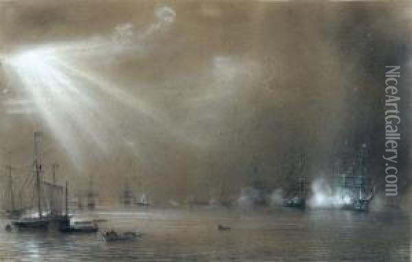 Marine : L'entree De La Reine Victoria En Visite A Cherbourg Oil Painting - Jean Antoine Theodore Baron Gudin