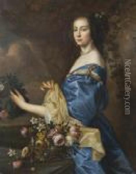 Portrait Of A Lady In Blue With Flowers Oil Painting - Sir Peter Lely