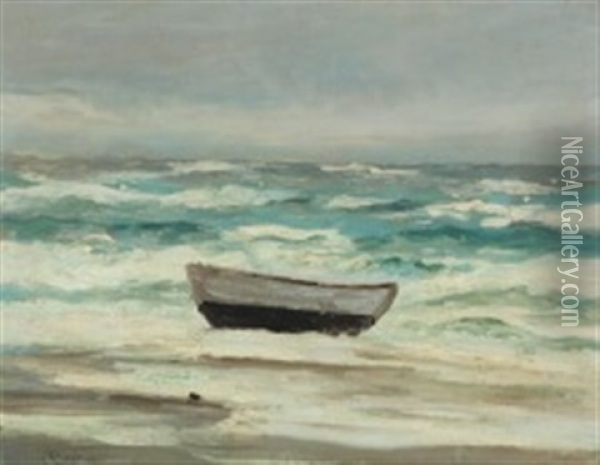 Coastal Scenery With Breaking Waves And A Boat On The Beach Oil Painting - Carl Ludvig Thilson Locher