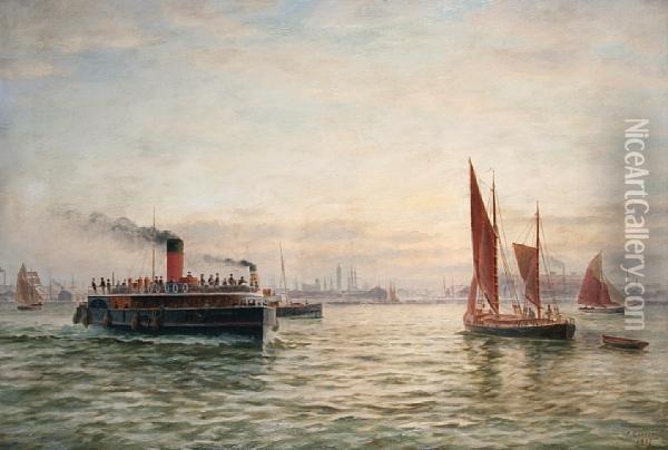 The Mersey Ferry, 'cheshire' Before Liverpooldocks Oil Painting - Parker Greenwood