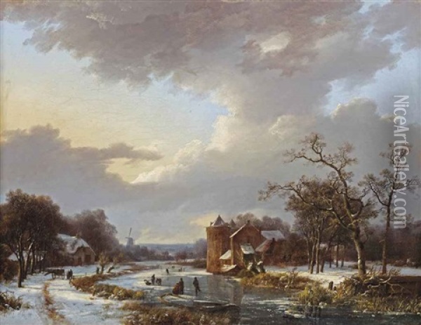 A Winter Scene With Figures On A Frozen Waterway By A Castle Oil Painting - Marinus Adrianus Koekkoek