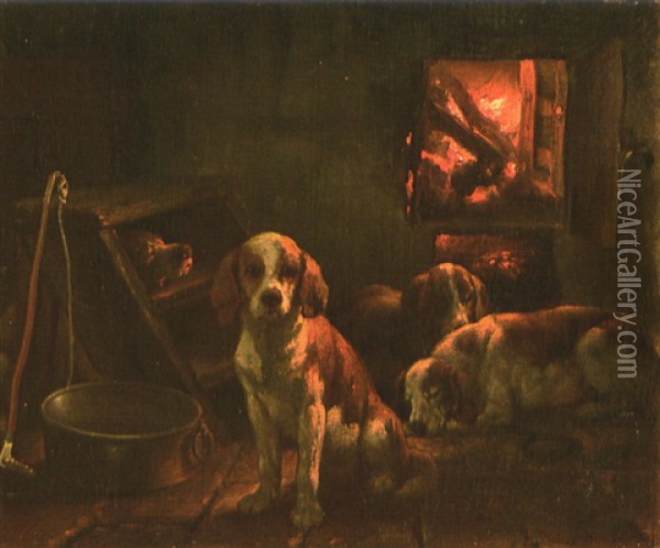 Drei Hundewelpen Vor Einem Ofen Sitzend Oil Painting - Adam Benno
