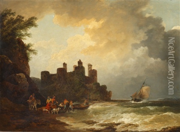 Figures On A Rocky Shoreline, Before A Castle Oil Painting - Philip James de Loutherbourg