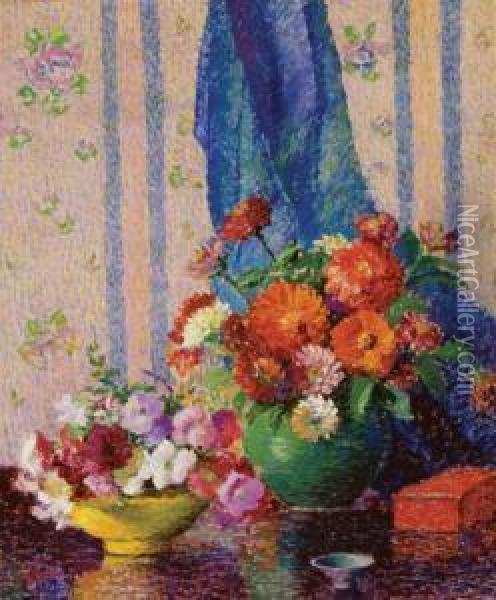 ''zinnias And Petunias'' Oil Painting - Lillian Burk Meeser