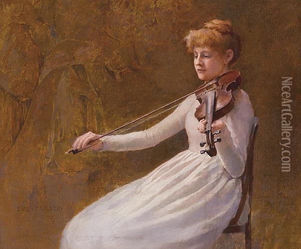 Girl With A Violin Oil Painting - Emil Carlsen