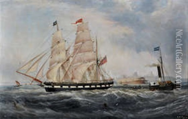 The Barque Emilia And The Paddle Tug Black Prince At The Mouth Of The Tyne Oil Painting - John Scott