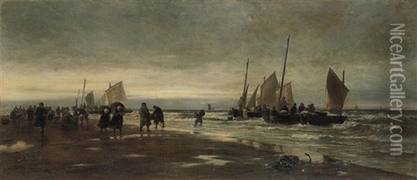 Dutch Fisherfolk Unloading The Day's Catch Onto The Beach At Scheveningen Oil Painting - Thomas Bush Hardy