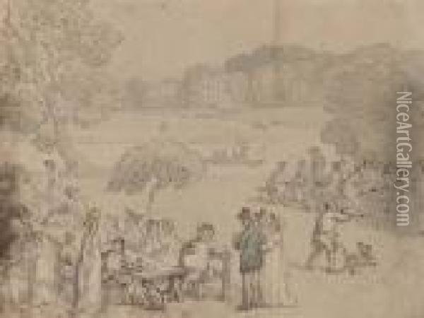 Figures Picnicking By The Thames At Twickenham Oil Painting - Thomas Rowlandson
