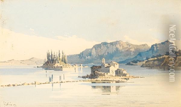 The Islands Of Pontikonissi And Vlacherna, Corfu Oil Painting - Angelos Giallina