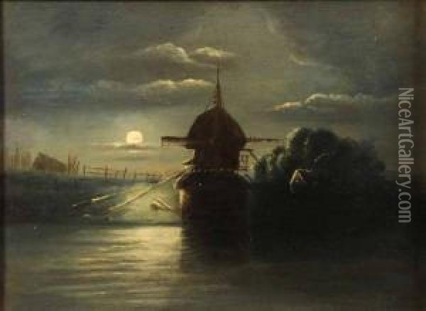 Moonlit Landscape With Windmill Oil Painting - John Berney Crome