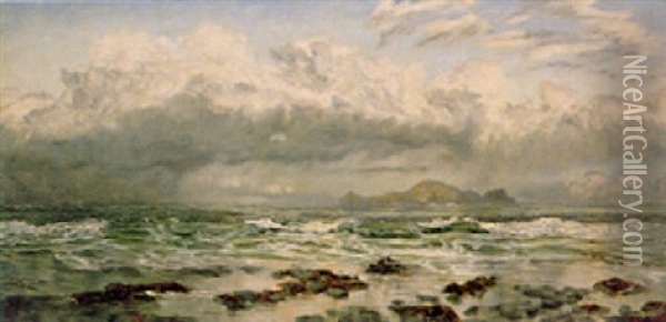 Trevone Bay; North-westerly Showers Oil Painting - John Brett