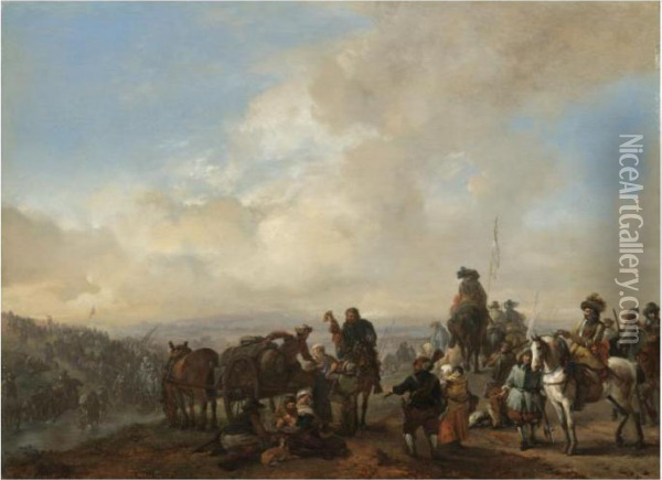 Landscape With Cavalrymen Crossing A Ford And Peasants Taking Refreshment From A Wagon Oil Painting - Pieter Wouwermans or Wouwerman