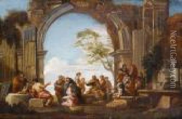 Classical Figures Amongst Ruins Oil Painting - Giovanni Ghisolfi
