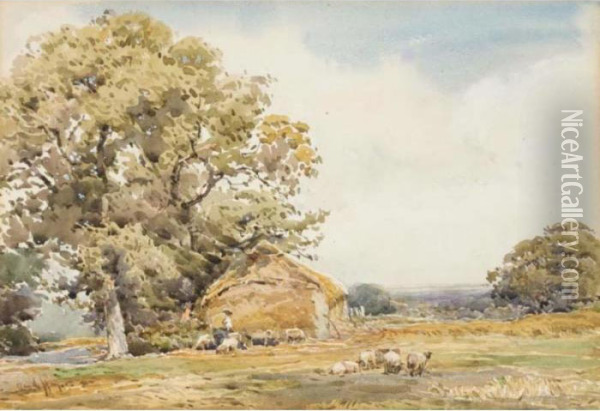The Shepherd And His Flock Oil Painting - Claude Hayes