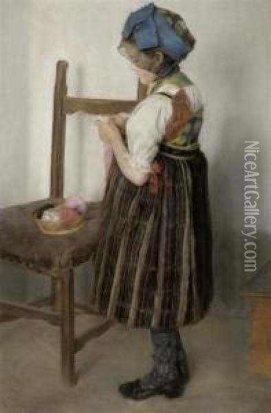 Girl Knitting Oil Painting - August Von Conring