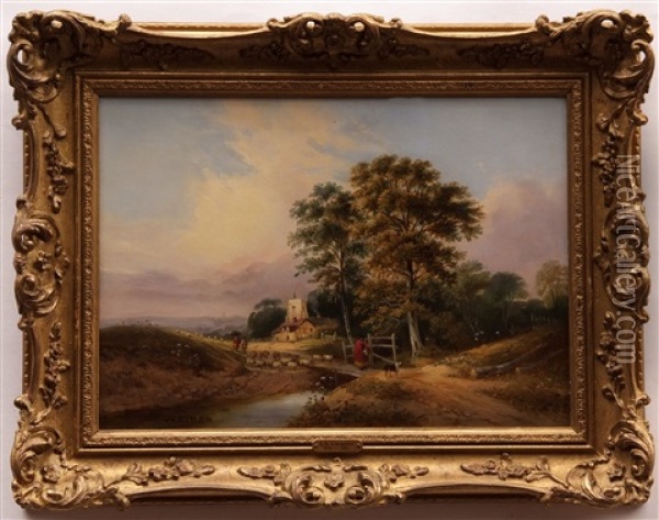 Figures And Sheep In Country Landscape Oil Painting - Samuel David Colkett
