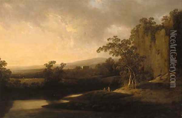 An extensive river landscape with anglers in the foreground and houses beyond Oil Painting - Josepf Wright Of Derby
