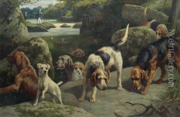 Otterhounds On A Scent Oil Painting - Alfred Duke