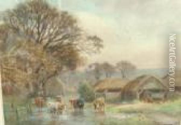 Cattle Beside Farm Buildings Oil Painting - Henry Charles Fox