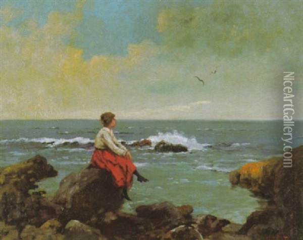 Madchen An Felsiger Kuste, Sinnend Auf Das Meer Blickend Oil Painting - Antal (Laszlo) Neogrady