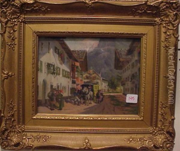 Street Scene With Mountains In The Background Oil Painting - Georg Hemmrich